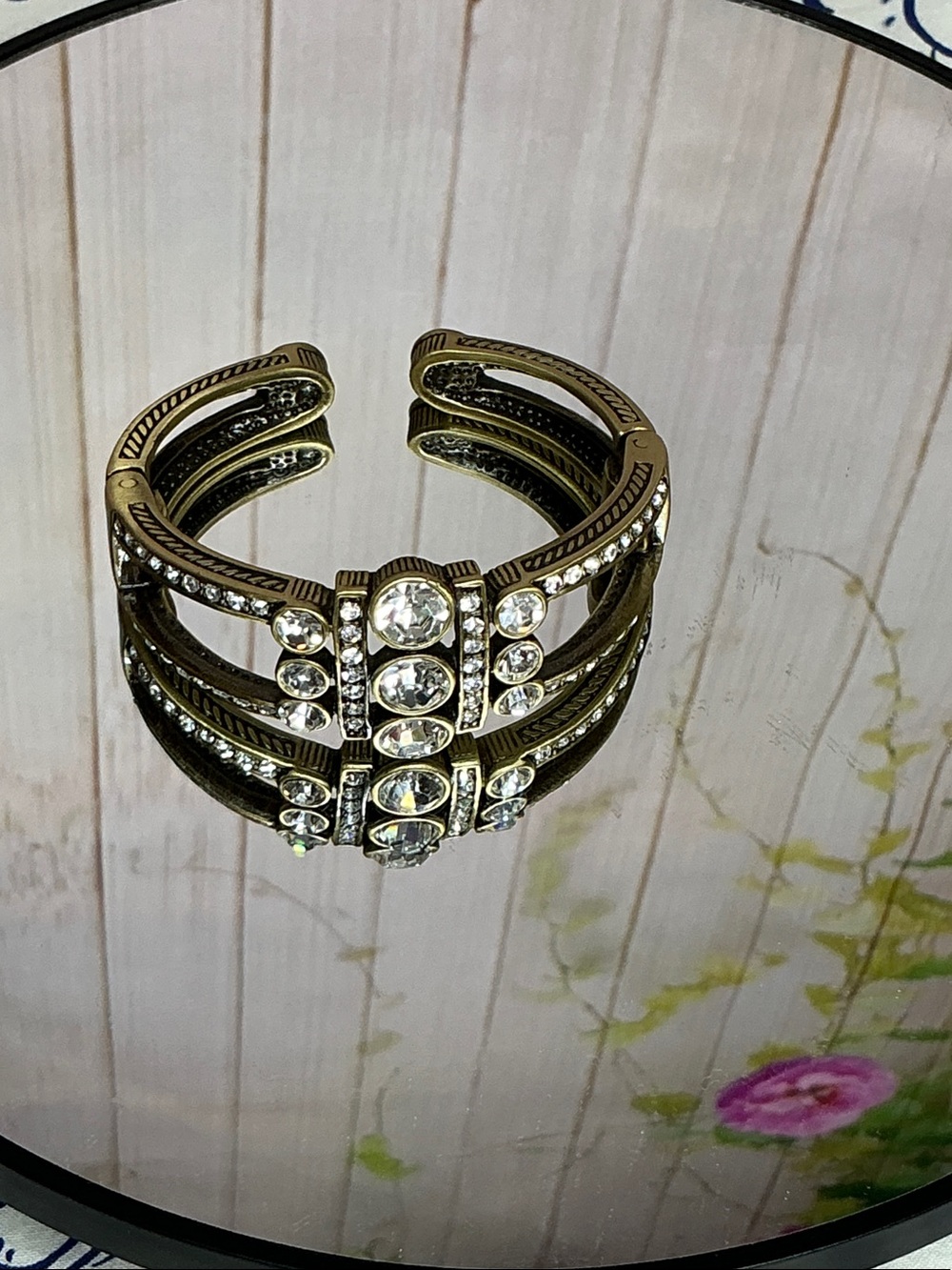 Heidi Daus  Crystal Art Deco Hinged Open filigree bangle cuff bracelet. #2017